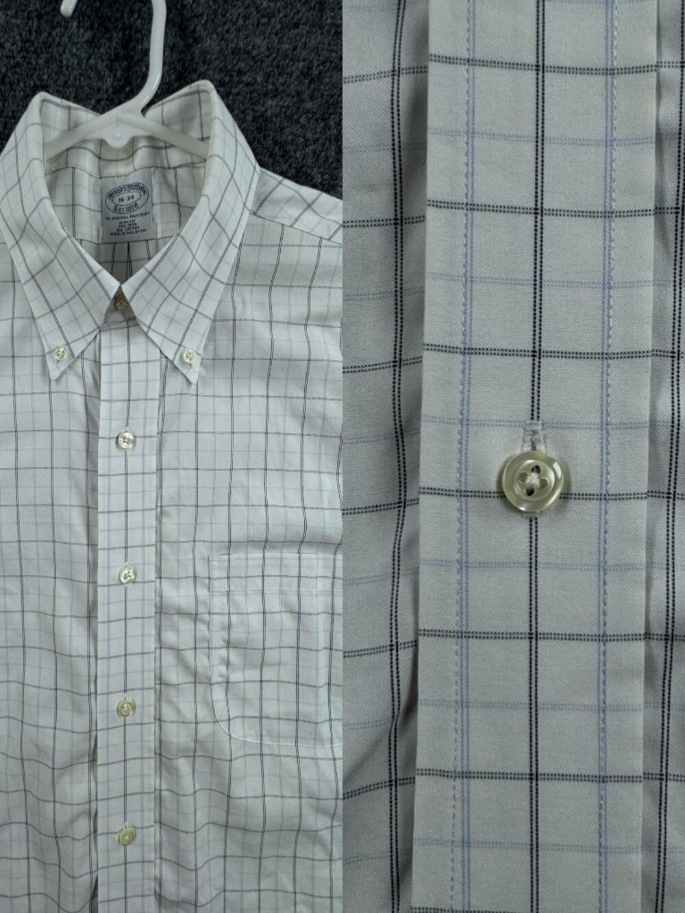 Brooks Brothers Men Check Slim Button-Down Cotton Non-Iron White Blue 16 34